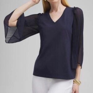 Chico’s NWT Pleated Billow Sleeve Shirt Top Navy 2-US Size Large